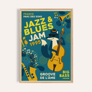 Blues Concert Print front view showing fox musician and jazz lettering