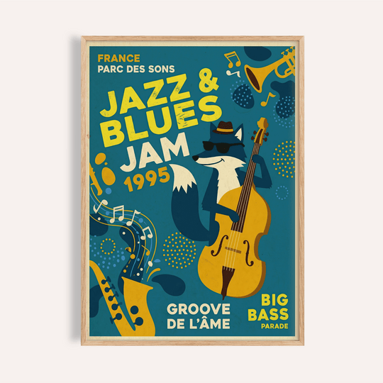 Blues Concert Print front view showing fox musician and jazz lettering
