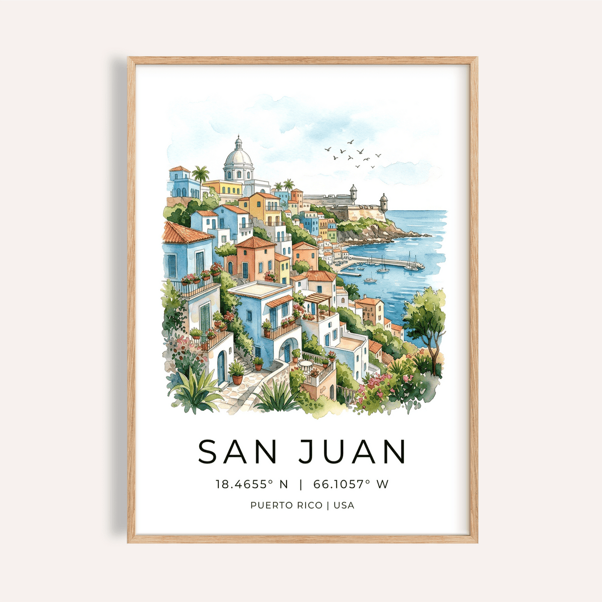 Illustrated San Juan coastline poster with hillside buildings and harbor