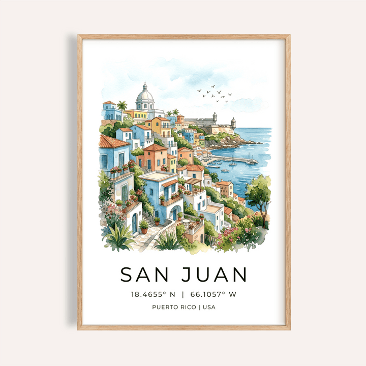 Illustrated San Juan coastline poster with hillside buildings and harbor