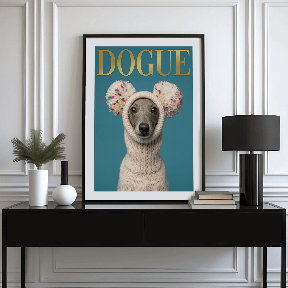 Fashion Dog Poster with beige knit and gold accent, ideal bedroom wall poster