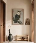Japanese Owl Art Print with gray, green, and white tones for gallery wall