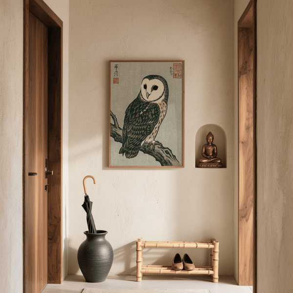 Japanese Owl Art Print with gray, green, and white tones for gallery wall