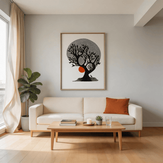 Central tree motif wall art print with angular leaves and stippled shading