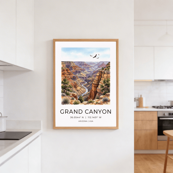 Wide canyon illustration print with river bend, cliffs, and open sky
