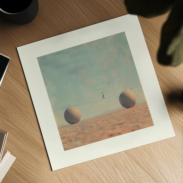 Existentialist wall art capturing solitude, risk, and surreal balance