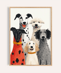 Dog Portrait Art Print featuring beige, black, gray, and red in a living room wall art