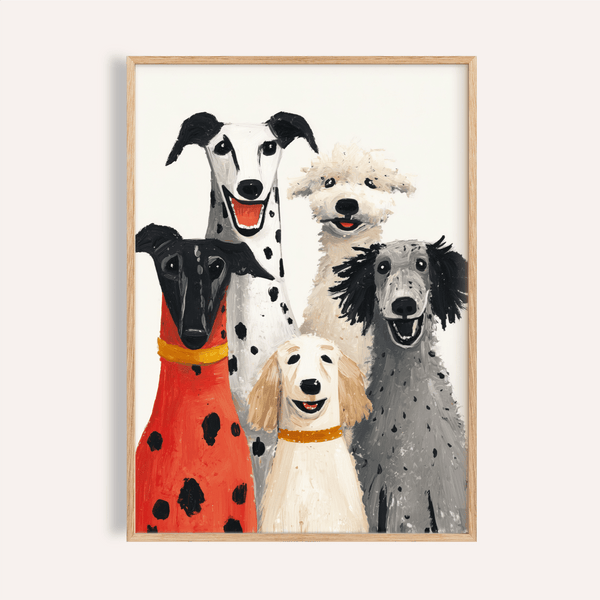 Dog Portrait Art Print featuring beige, black, gray, and red in a living room wall art