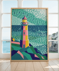 Playful Colourful Lighthouse Print in orange, blue, and green for children's room wall art