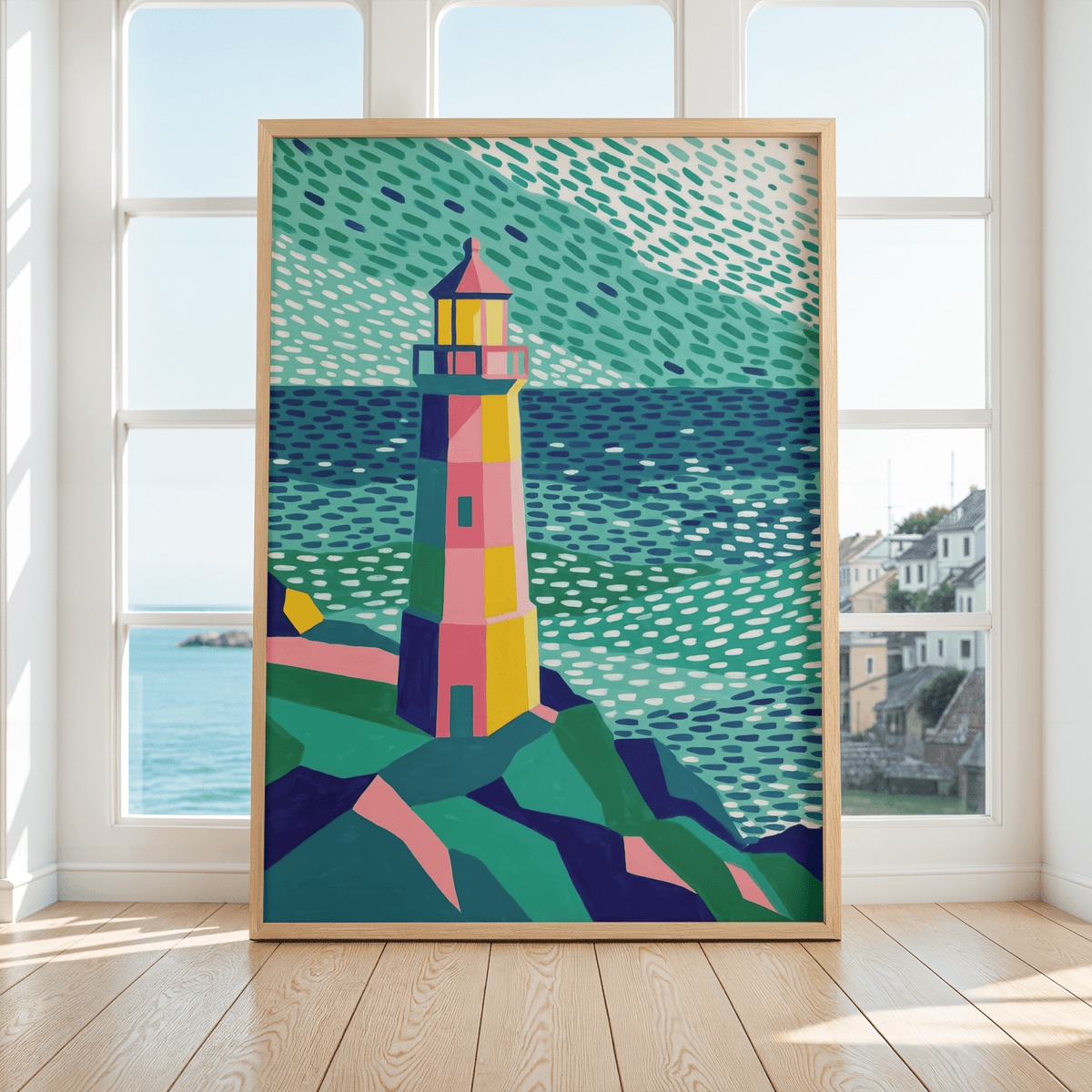 Playful Colourful Lighthouse Print in orange, blue, and green for children's room wall art
