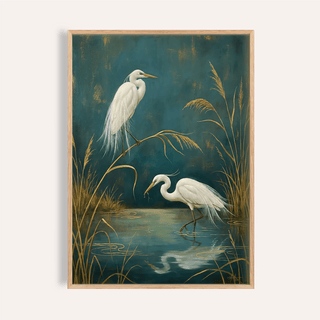 Framed Egret Wall Art illustration of two white egrets by a pond with brown reeds