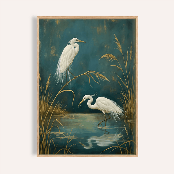 Egret Wall Art in green, blue, yellow, and gold for living room wall art