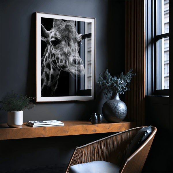 Close-up wildlife art print featuring giraffe ears and ossicones