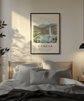 Illustrated Geneva city skyline print poster with boats and church spires