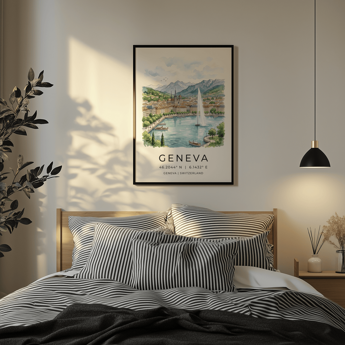 Illustrated Geneva city skyline print poster with boats and church spires