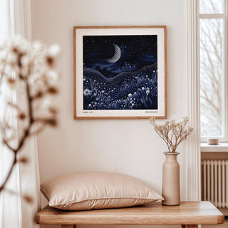 Square-format mystical decor with rolling hills and an abstract moon