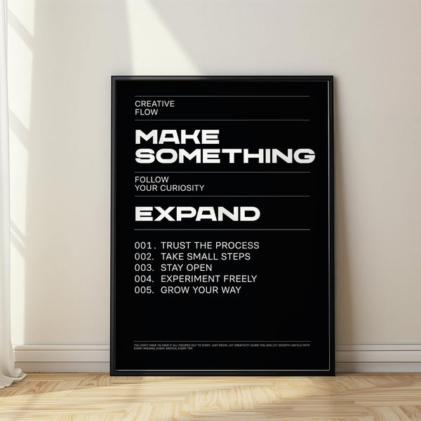 Wall Art Phrases print with bold black background and white typography about creativity.