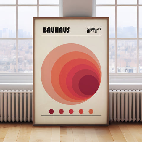 Bold red and orange Bauhaus spiral circle print, perfect for contemporary interiors

