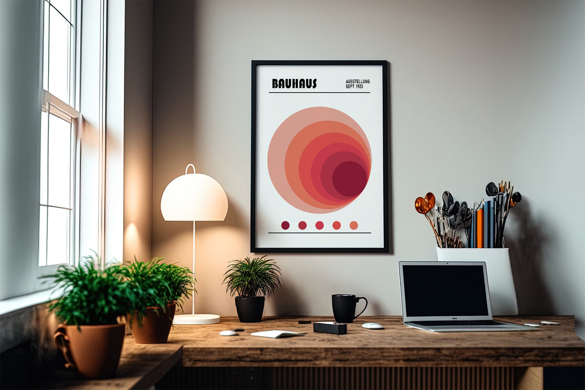 Concentric warm-toned circles used in wall art office design