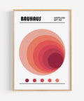 Bold red and orange Bauhaus spiral circle print, perfect for contemporary interiors
