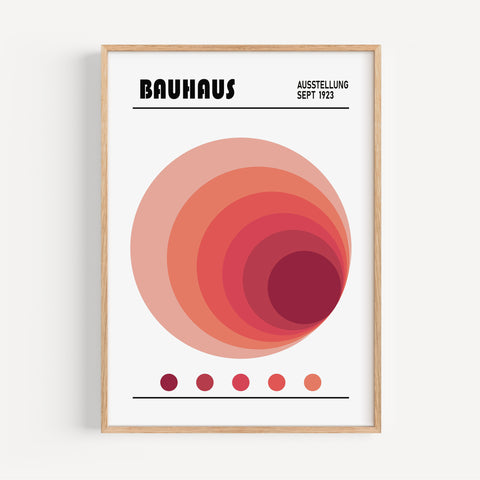 Bold red and orange Bauhaus spiral circle print, perfect for contemporary interiors
