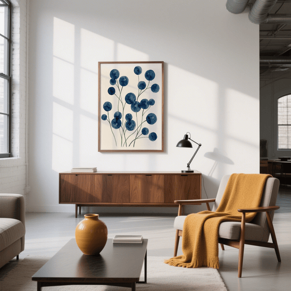 Modern Watercolor Flower Wall Art in blue and white for reading nook poster