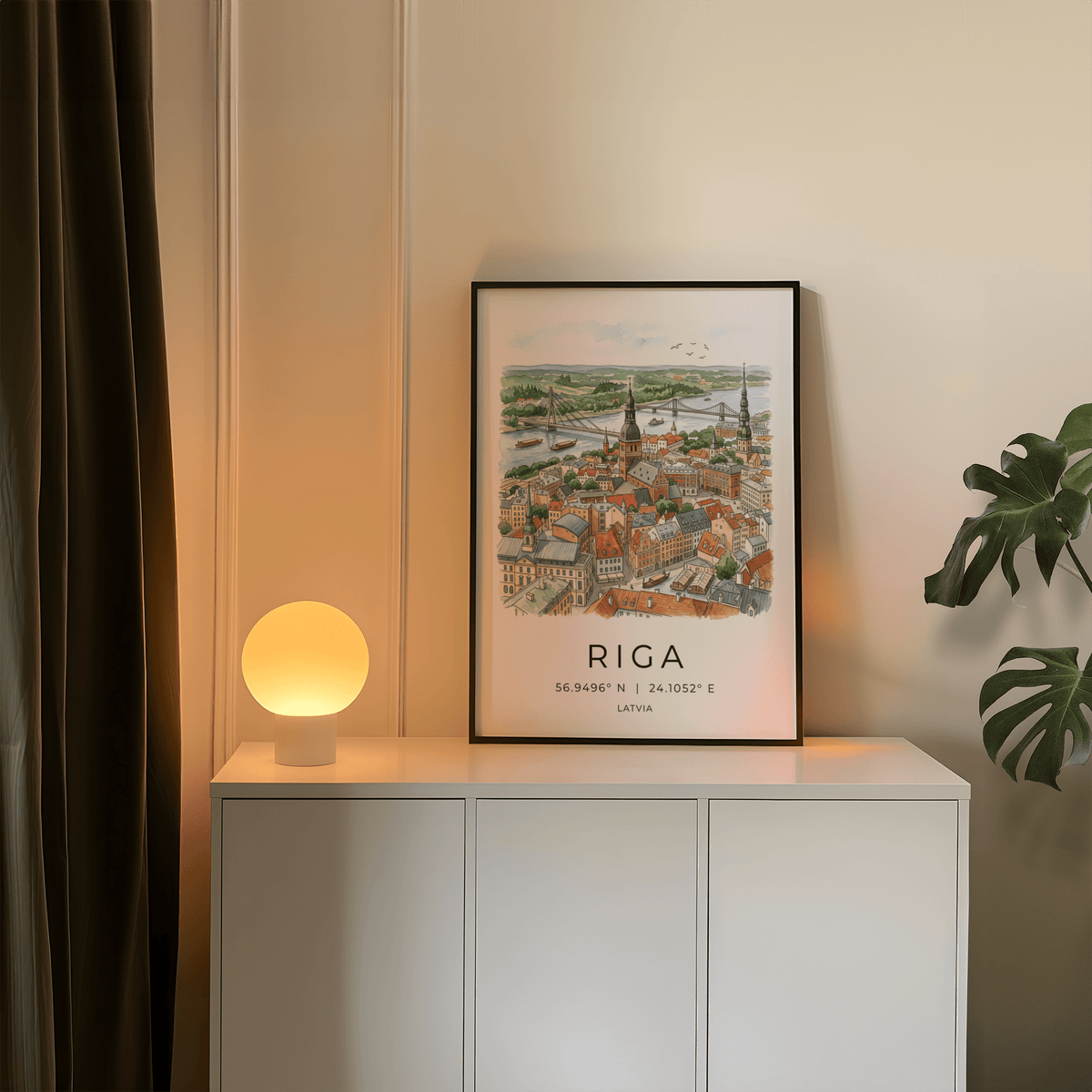Watercolor Riga City Art Print framed in white with coordinates under artwork