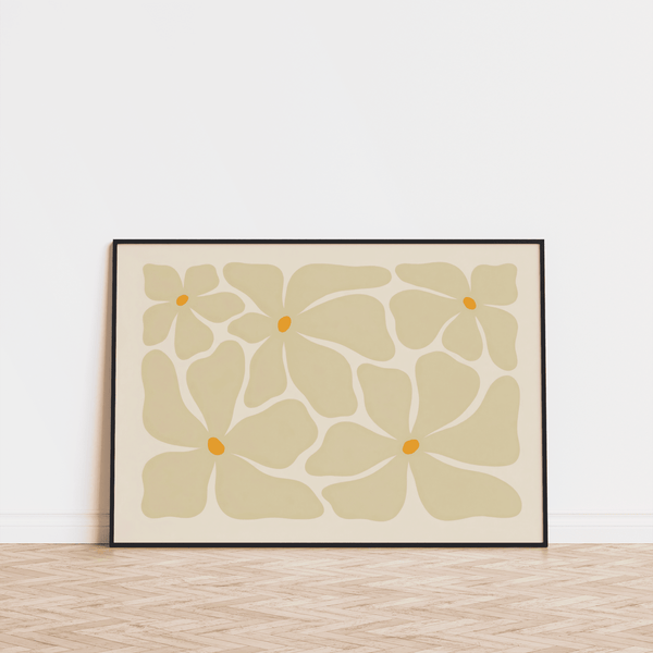 Soft minimalist floral print poster with four stylized blooms and blurred edges