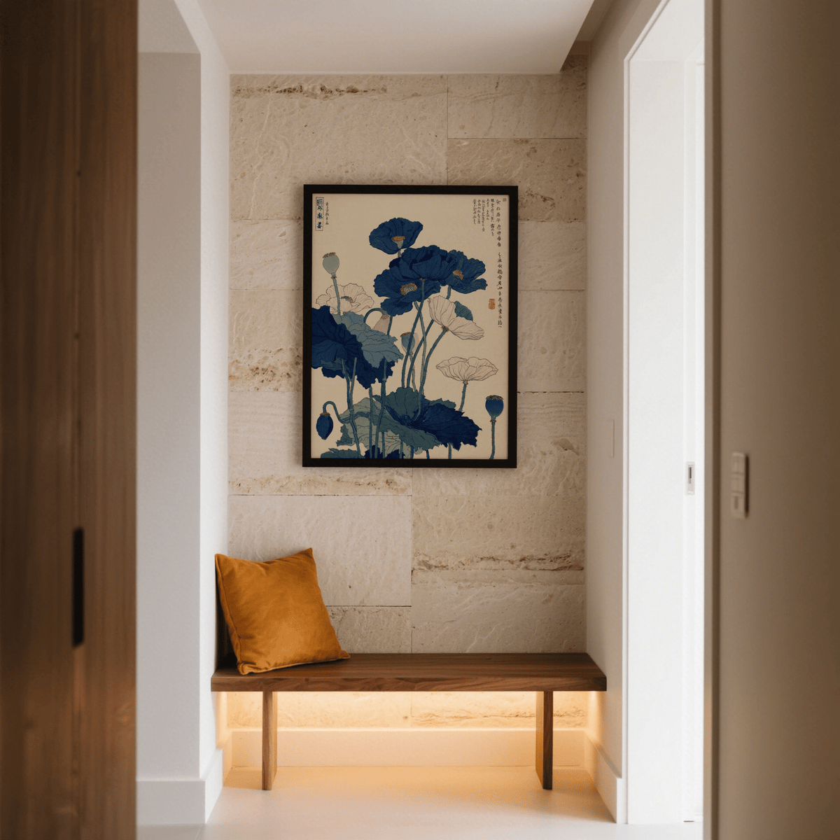 Japanese Poppy Wall Art botanical design with green leaves for tranquil study
