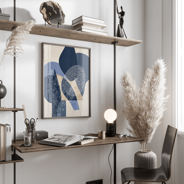 Blue Abstract Print modern wall art, Blue, Beige, White, Brown, for dining area