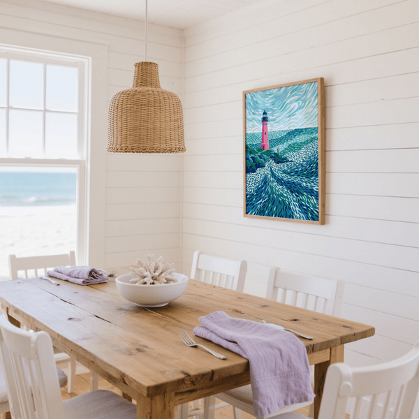 Modern Lighthouse Art with vibrant Blue, Pink, and Green for bedroom decor