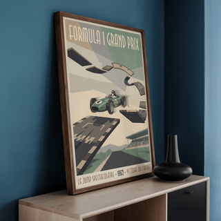 Single-seater racing car drifting illustration on motorsport wall art print with stylized shadows