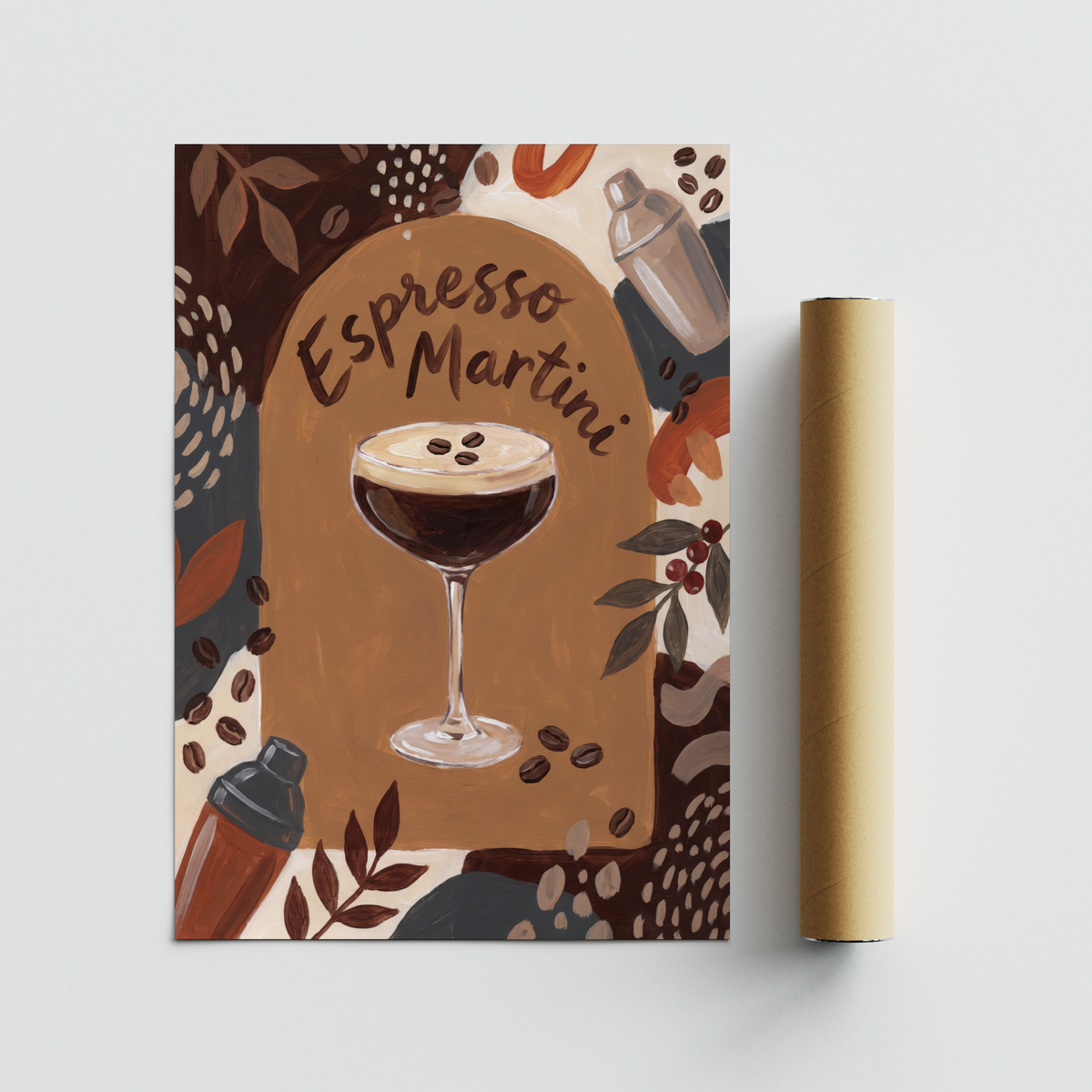Modern painterly wall art print of espresso martini with bold brush shapes and central motif