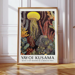 Jellyfish poster in Kusama-inspired dot painting style with ocean textures.