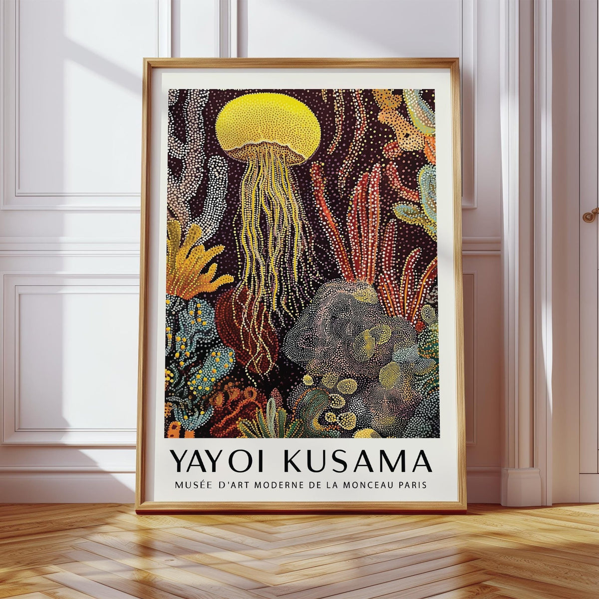 Jellyfish poster in Kusama-inspired dot painting style with ocean textures.