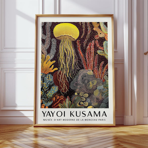 Jellyfish poster in Kusama-inspired dot painting style with ocean textures.