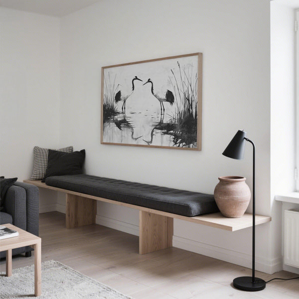 Two cranes and tall grass in ink painting, minimalist bird print for serene decor.