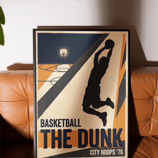 Illustrated Basketball Dunk Art Print highlighting a jumping athlete silhouette and “CITY HOOPS ’76” text