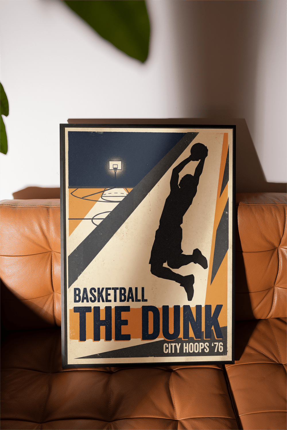 Illustrated Basketball Dunk Art Print highlighting a jumping athlete silhouette and “CITY HOOPS ’76” text
