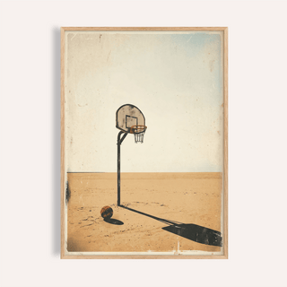 Basketball Hoop Art Print showing solitary hoop and ball on open dusty court