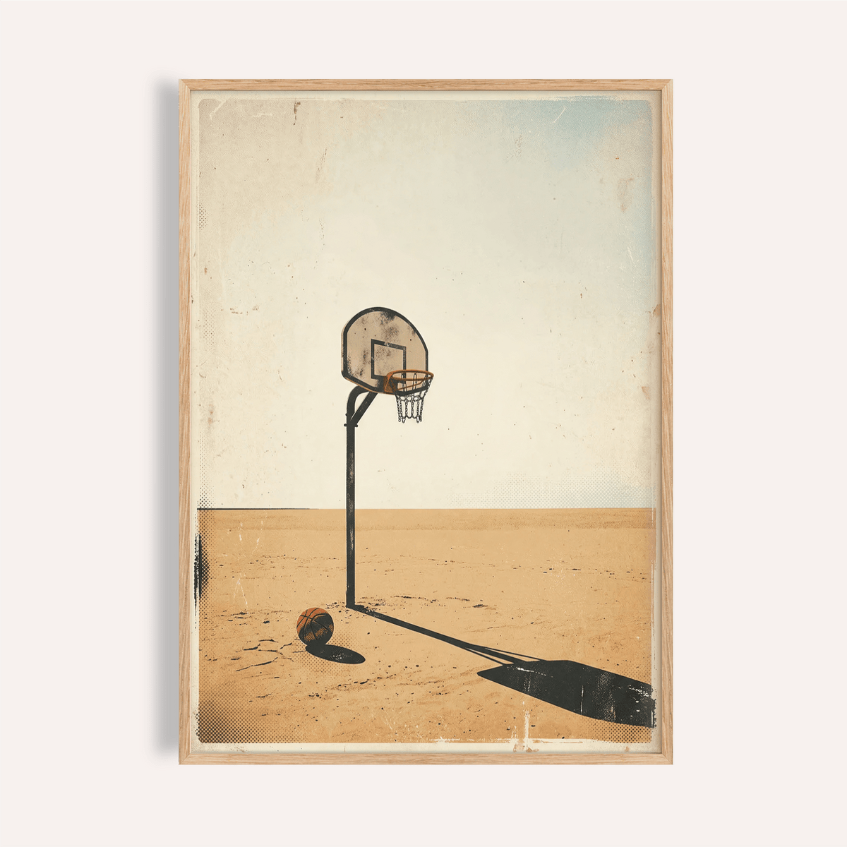 Basketball Hoop Art Print showing solitary hoop and ball on open dusty court