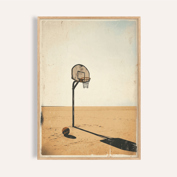 Basketball Hoop Art Print showing solitary hoop and ball on open dusty court