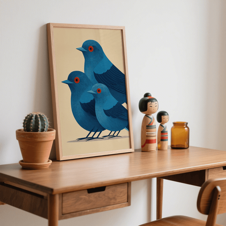 Print leaning on a desk of blue bird art print with beige background and minimalist style alongside wooden figurines and a cactus