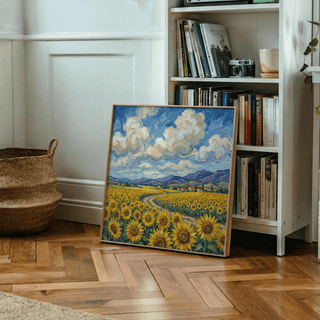 Art print of Sunflower Field Poster in Blue and Yellow for kitchen walls