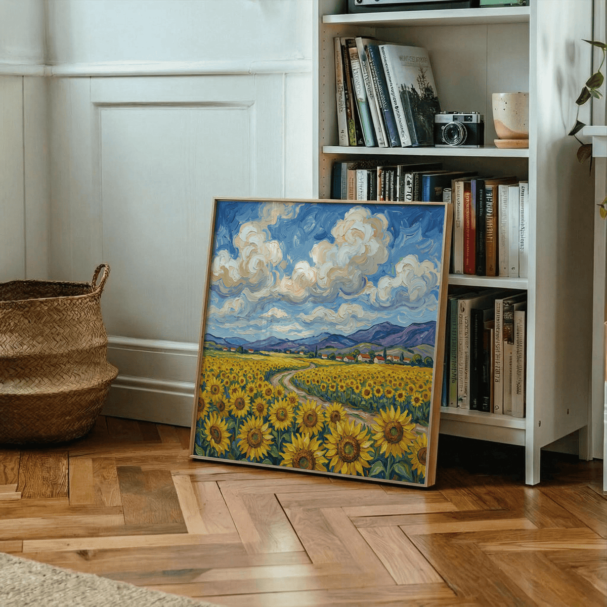 Art print of Sunflower Field Poster in Blue and Yellow for kitchen walls