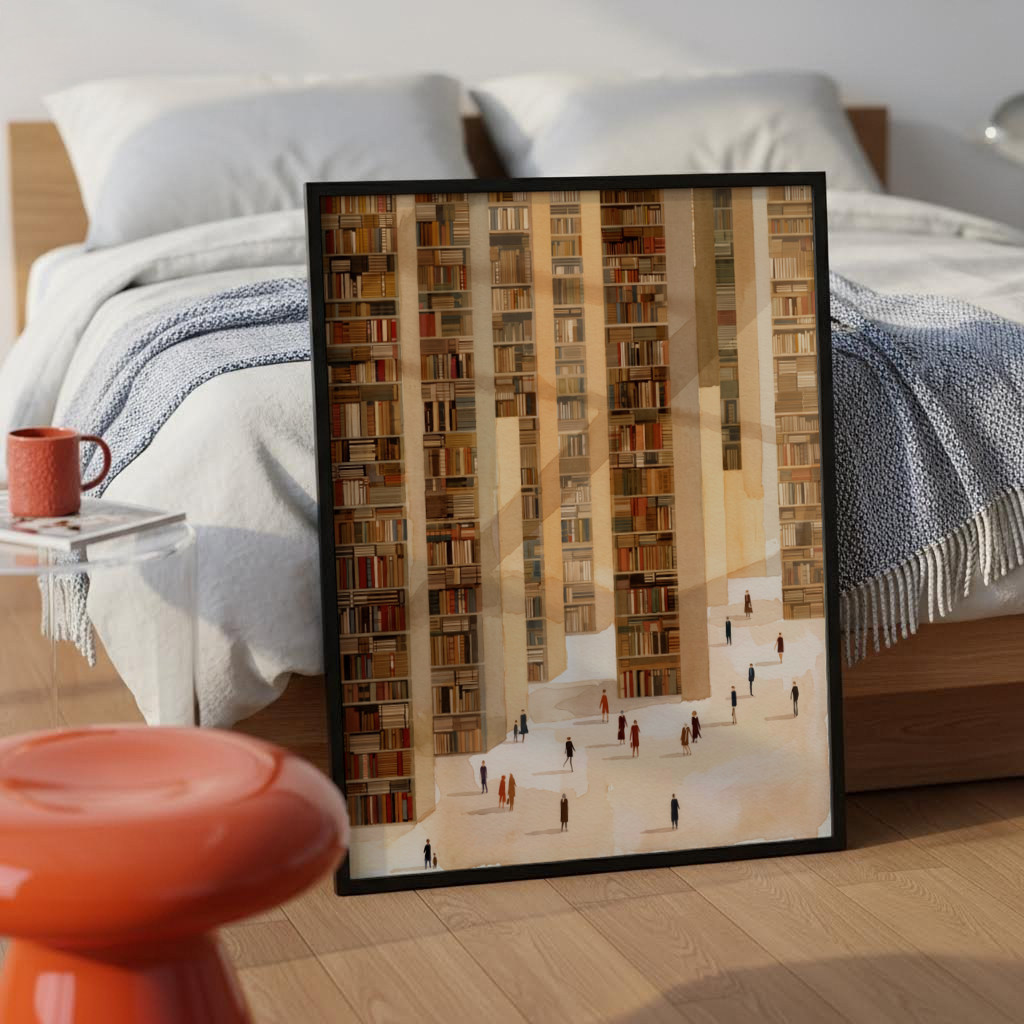 Close-up view of stacked book spines on tall library shelves print