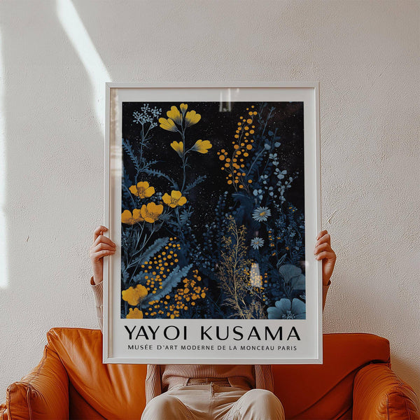 Graphic Kusama Museum aesthetic print with moody botanical background
