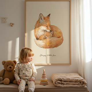 Illustrated fox wall art with small white flower near the fox ear and soft brush texture