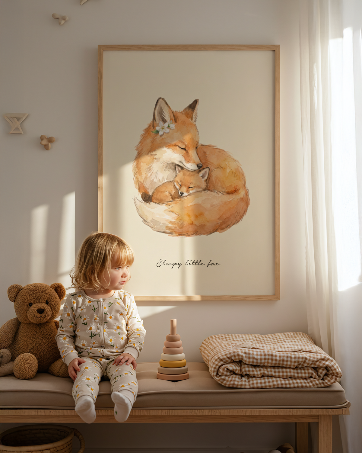 Illustrated fox wall art with small white flower near the fox ear and soft brush texture