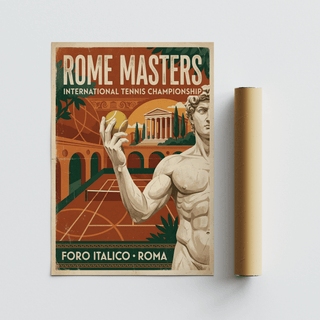 Retro sports poster print with statue-like athlete holding tennis ball over a court scene